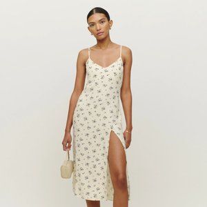 Reformation Crimini Midi Slip Dress with side slit in Blaire (Cream + Floral)